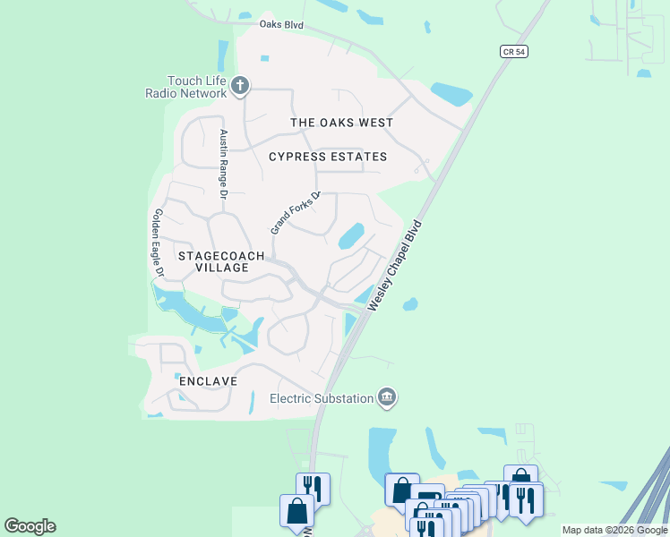 map of restaurants, bars, coffee shops, grocery stores, and more near 3402 Red Rock Drive in Land O' Lakes