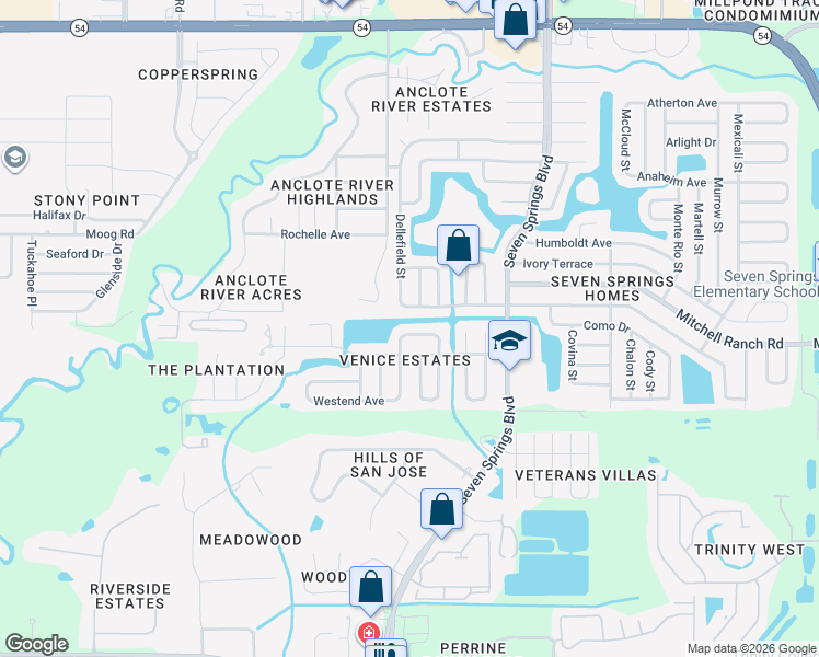 map of restaurants, bars, coffee shops, grocery stores, and more near 7027 Wentworth Way in New Port Richey