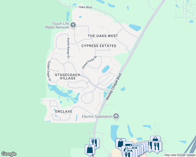 map of restaurants, bars, coffee shops, grocery stores, and more near 3415 Red Rock Drive in Pasco County