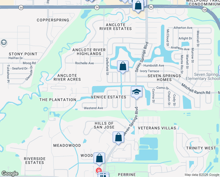 map of restaurants, bars, coffee shops, grocery stores, and more near 7033 Lassen Avenue in New Port Richey