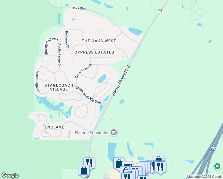 map of restaurants, bars, coffee shops, grocery stores, and more near 3350 Broken Bow Drive in Land O' Lakes