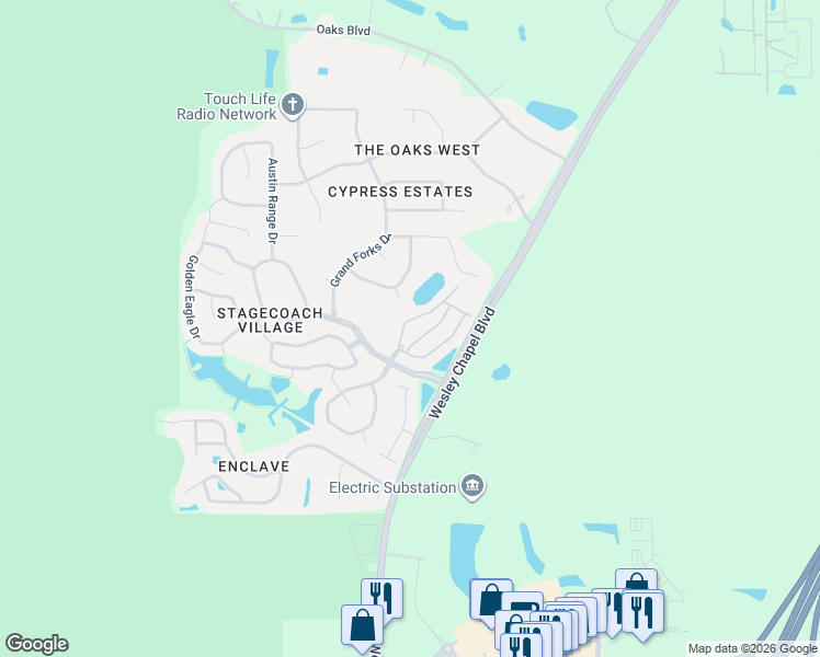map of restaurants, bars, coffee shops, grocery stores, and more near in Land O' Lakes