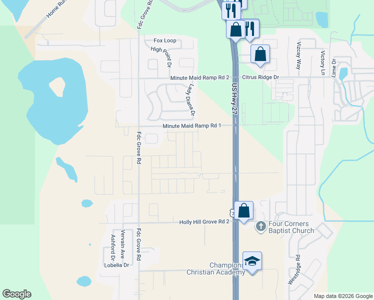 map of restaurants, bars, coffee shops, grocery stores, and more near 2843 Holly Hill Grove Road 3 in Davenport