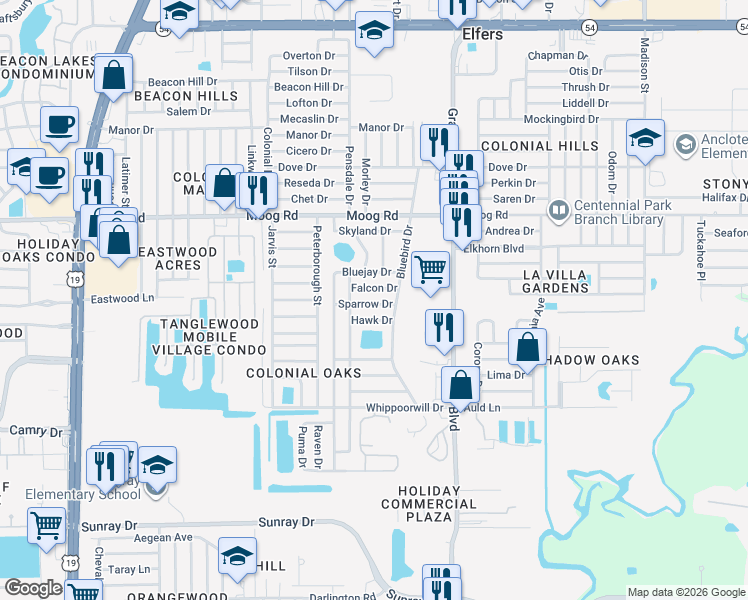 map of restaurants, bars, coffee shops, grocery stores, and more near 5247 Sparrow Drive in Holiday
