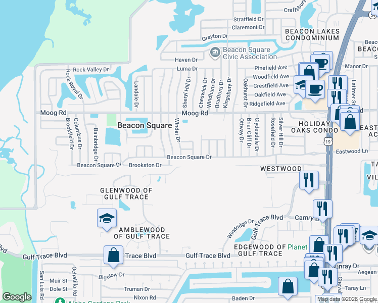 map of restaurants, bars, coffee shops, grocery stores, and more near 3746 Fox Dale Lane in Holiday