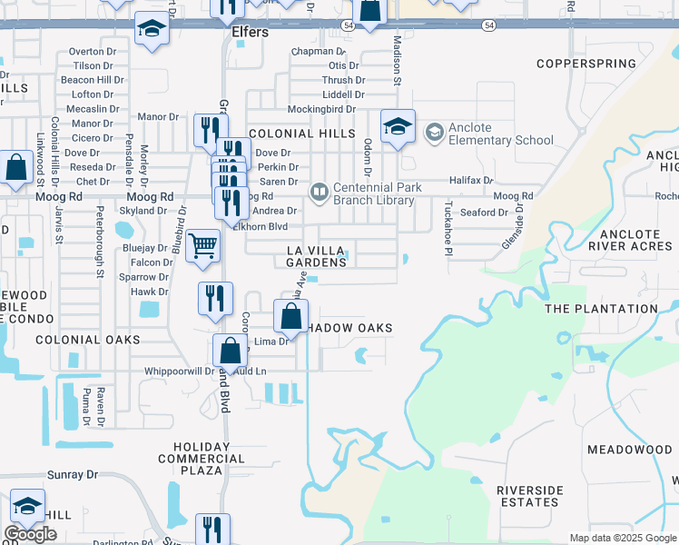 map of restaurants, bars, coffee shops, grocery stores, and more near 5816 Elena Drive in Holiday