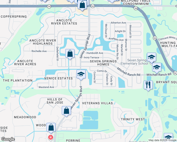 map of restaurants, bars, coffee shops, grocery stores, and more near 3223 Kismet Court in New Port Richey