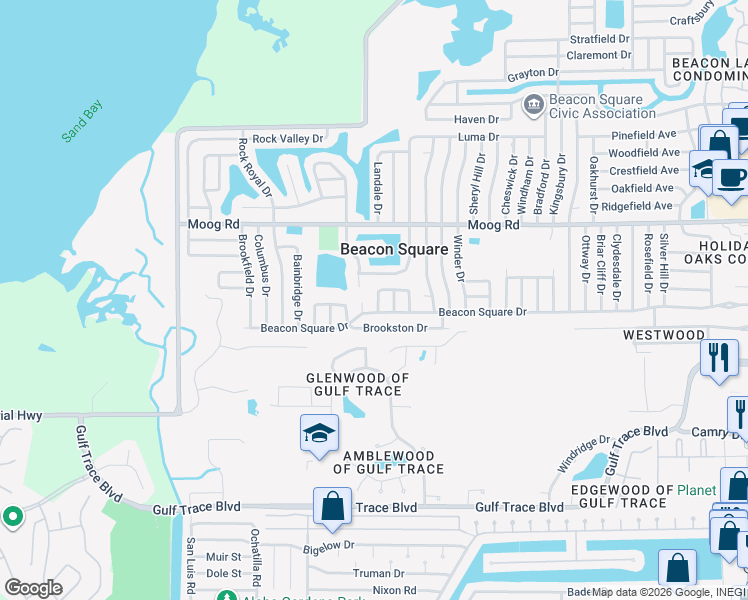 map of restaurants, bars, coffee shops, grocery stores, and more near 3303 Williamsburg Loop in Holiday