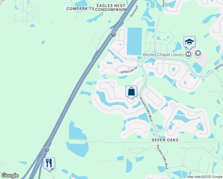 map of restaurants, bars, coffee shops, grocery stores, and more near 26810 Shoregrass Drive in Wesley Chapel