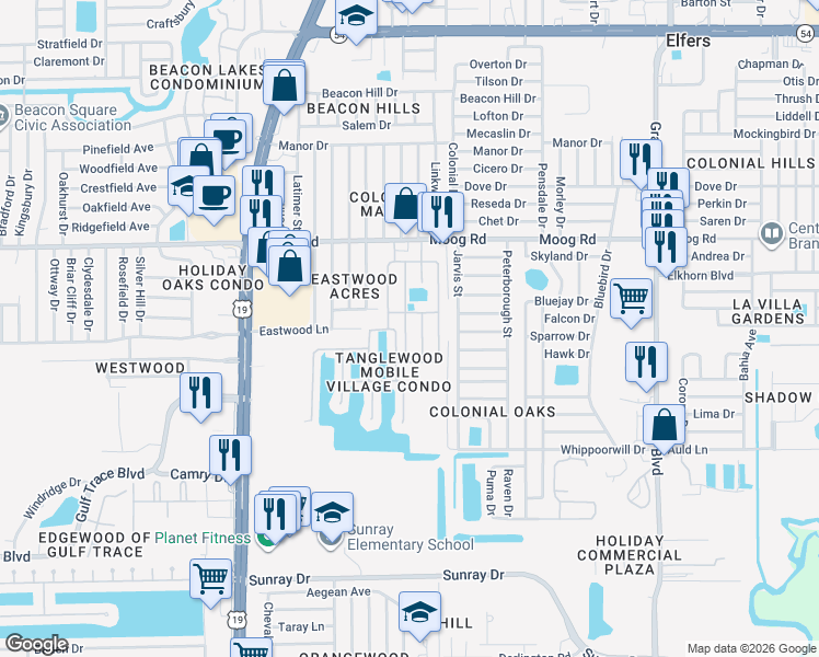 map of restaurants, bars, coffee shops, grocery stores, and more near 3244 Hampshire Drive in Holiday