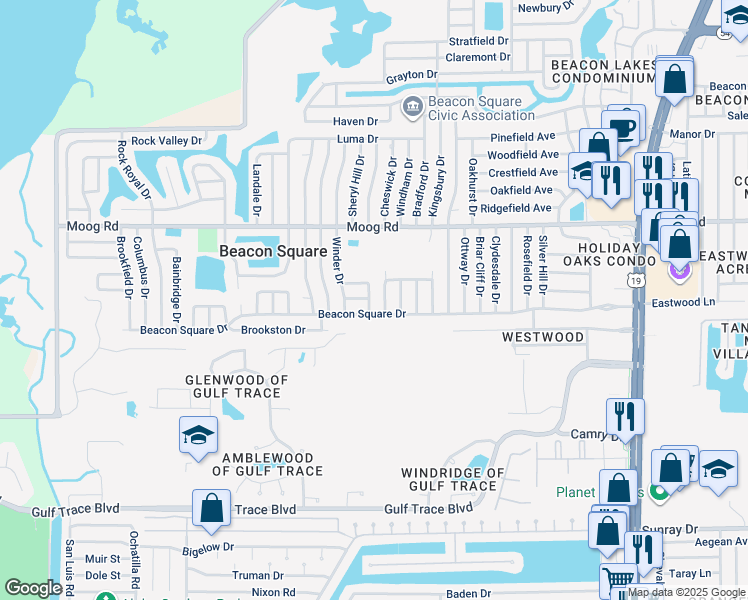 map of restaurants, bars, coffee shops, grocery stores, and more near 3304 Windfield Drive in Holiday
