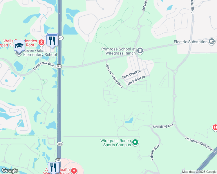 map of restaurants, bars, coffee shops, grocery stores, and more near Pleasant Bay Loop in Wesley Chapel