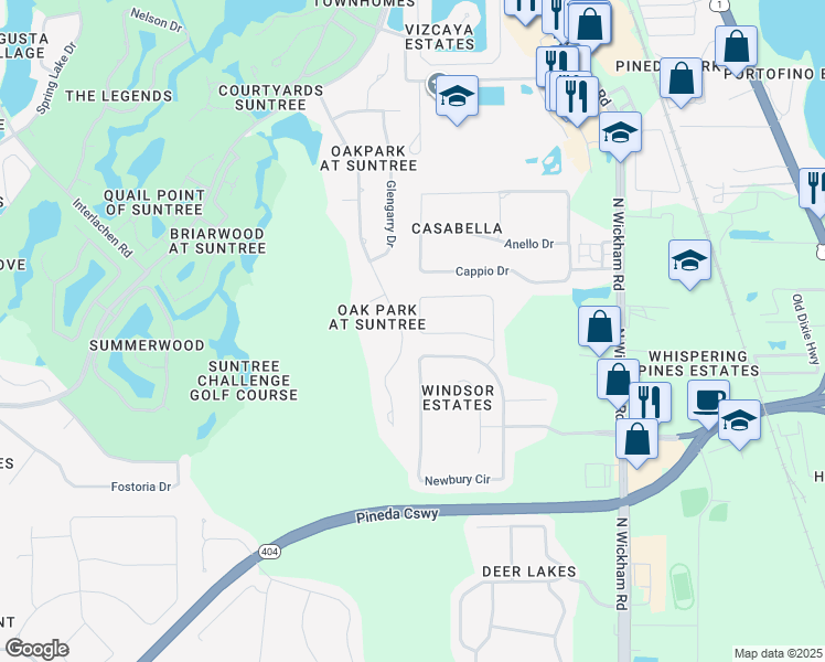 map of restaurants, bars, coffee shops, grocery stores, and more near 837 Oak Park Drive in Melbourne