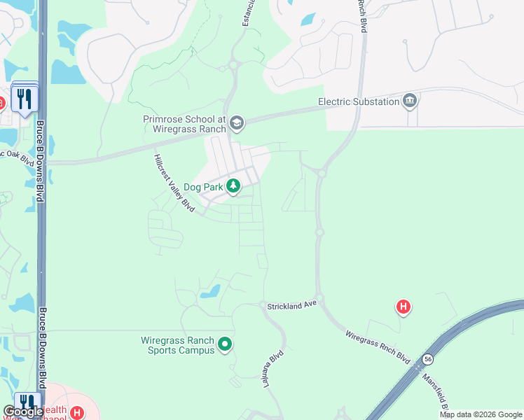 map of restaurants, bars, coffee shops, grocery stores, and more near 28569 Hillcrest Valley Boulevard in Wesley Chapel
