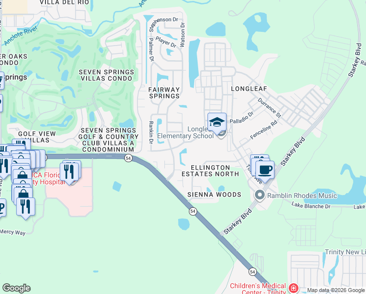 map of restaurants, bars, coffee shops, grocery stores, and more near 9930 Nicklaus Drive in New Port Richey