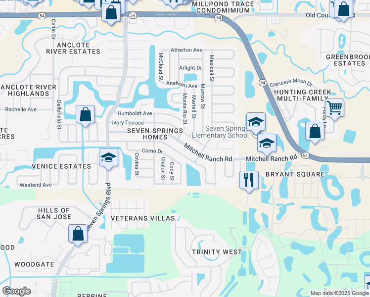 map of restaurants, bars, coffee shops, grocery stores, and more near 7655 Mitchell Ranch Road in New Port Richey