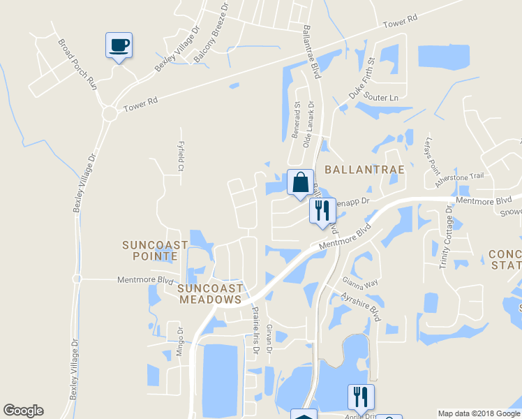 map of restaurants, bars, coffee shops, grocery stores, and more near 3352 Thistledown Lane in Land O' Lakes
