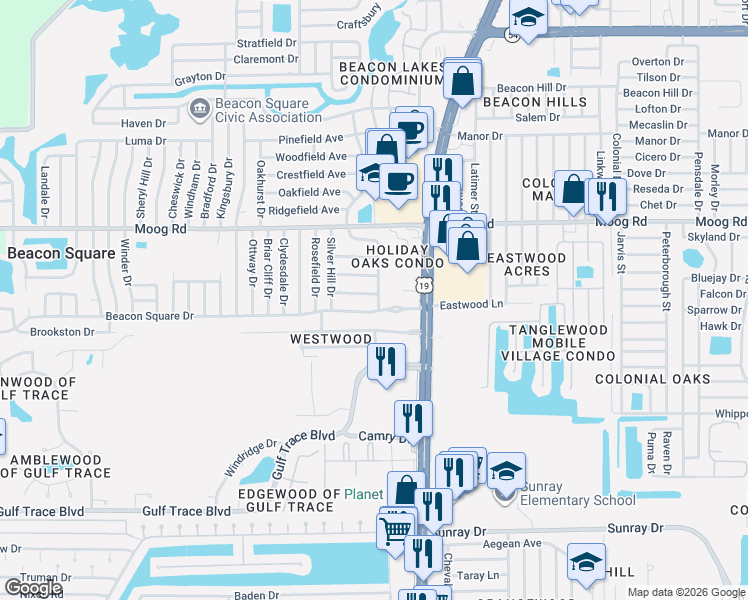 map of restaurants, bars, coffee shops, grocery stores, and more near 4344 Oak Bluff Avenue in Holiday