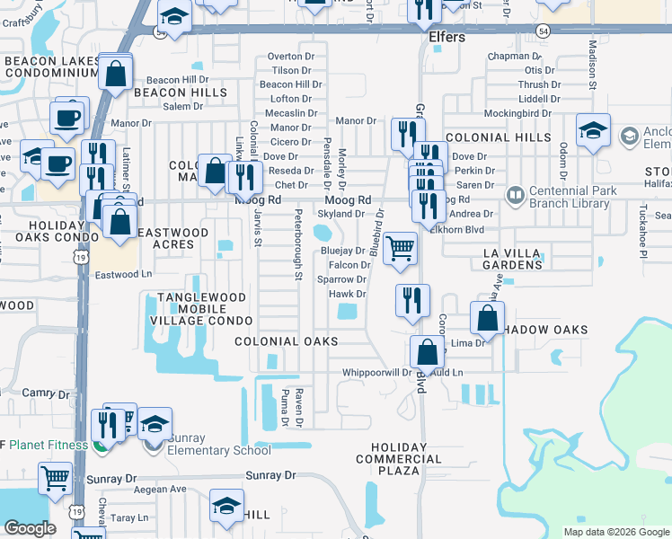map of restaurants, bars, coffee shops, grocery stores, and more near 5220 Bluejay Drive in Holiday