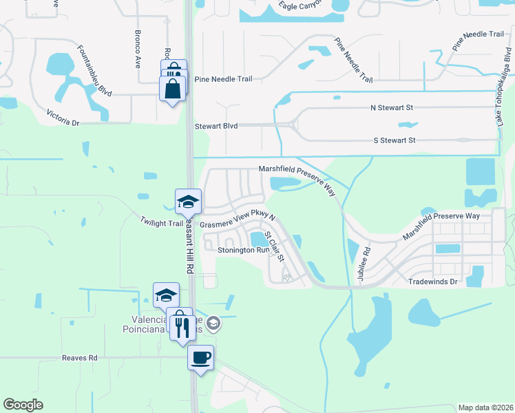 map of restaurants, bars, coffee shops, grocery stores, and more near 2925 Grasmere View Parkway North in Kissimmee