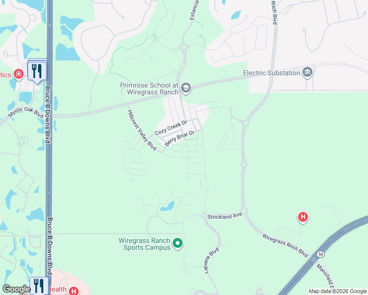 map of restaurants, bars, coffee shops, grocery stores, and more near Mystic Oak Boulevard in Wesley Chapel