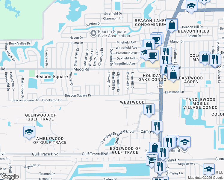 map of restaurants, bars, coffee shops, grocery stores, and more near 3325 Clydesdale Drive in Holiday