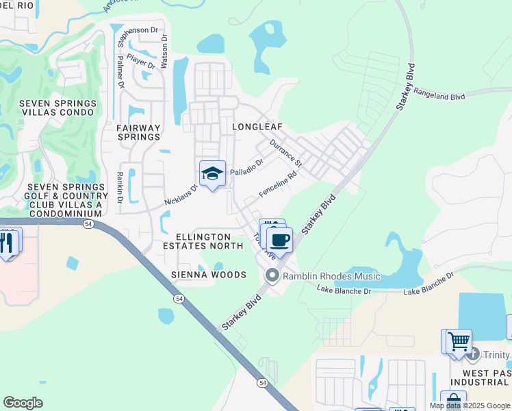 map of restaurants, bars, coffee shops, grocery stores, and more near 10314 Fenceline Road in New Port Richey