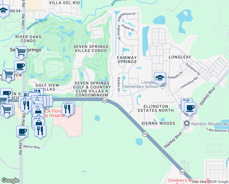 map of restaurants, bars, coffee shops, grocery stores, and more near 3317 Rankin Drive in New Port Richey