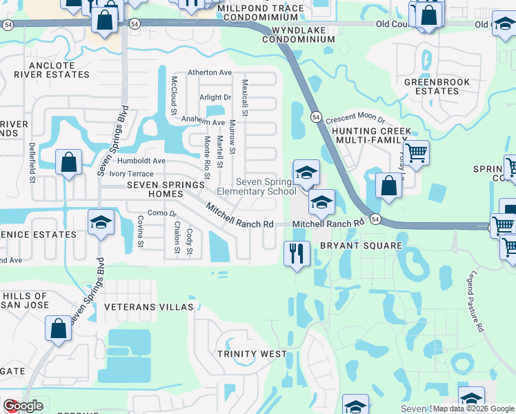 map of restaurants, bars, coffee shops, grocery stores, and more near 7847 Putnam Circle in New Port Richey