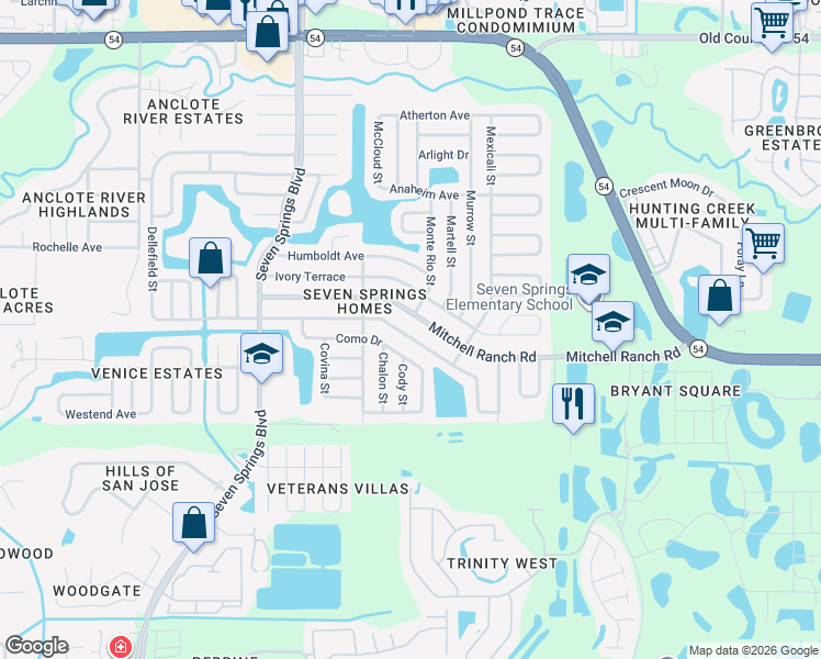 map of restaurants, bars, coffee shops, grocery stores, and more near 7625 Jenner Avenue in New Port Richey