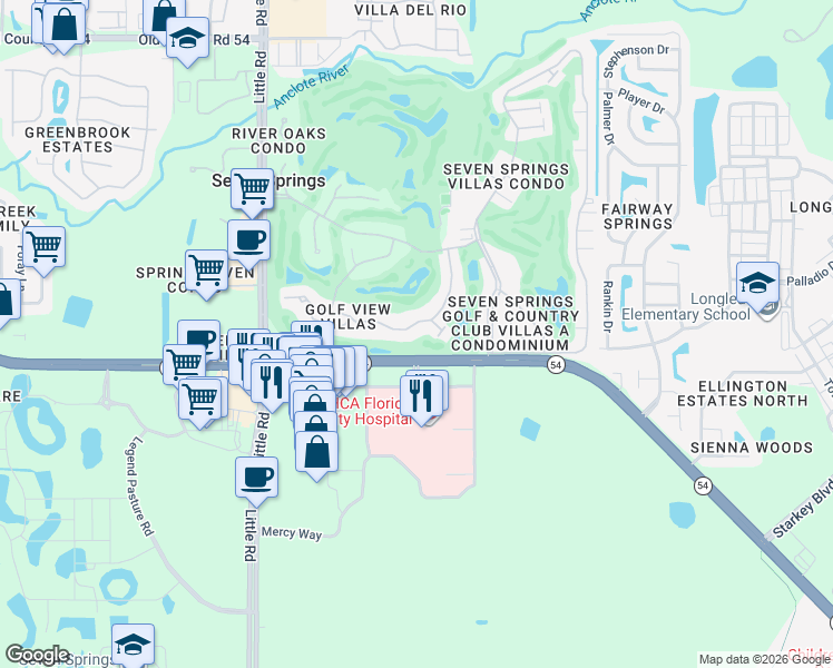 map of restaurants, bars, coffee shops, grocery stores, and more near 3309 Lori Lane in New Port Richey