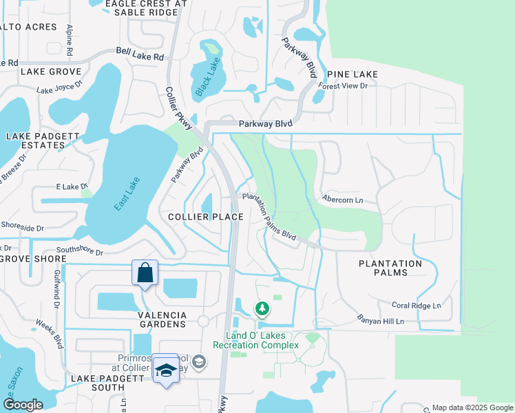 map of restaurants, bars, coffee shops, grocery stores, and more near 3435 Coconut Grove Road in Land O' Lakes