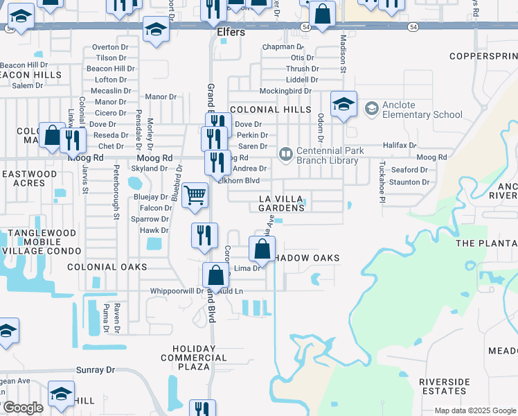 map of restaurants, bars, coffee shops, grocery stores, and more near 5643 Elena Drive in Holiday