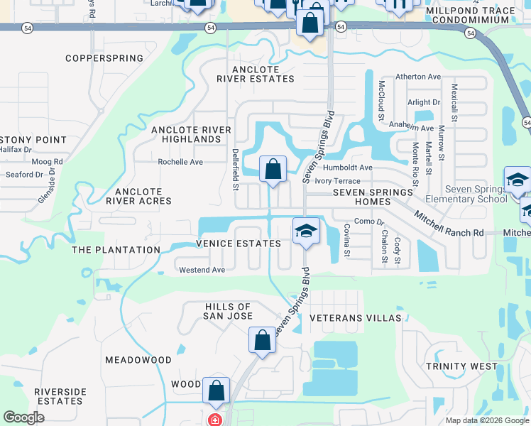 map of restaurants, bars, coffee shops, grocery stores, and more near 3326 Vorden Street in New Port Richey