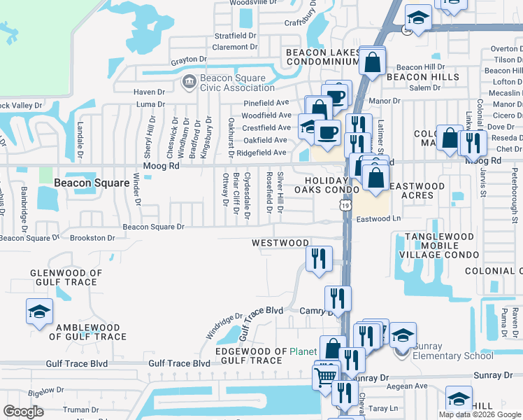 map of restaurants, bars, coffee shops, grocery stores, and more near 3331 Rosefield Drive in Holiday