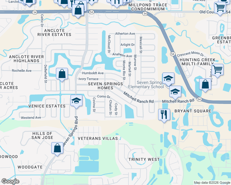 map of restaurants, bars, coffee shops, grocery stores, and more near 7611 Jenner Avenue in New Port Richey