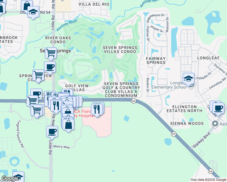 map of restaurants, bars, coffee shops, grocery stores, and more near 3317 Trophy Boulevard in New Port Richey