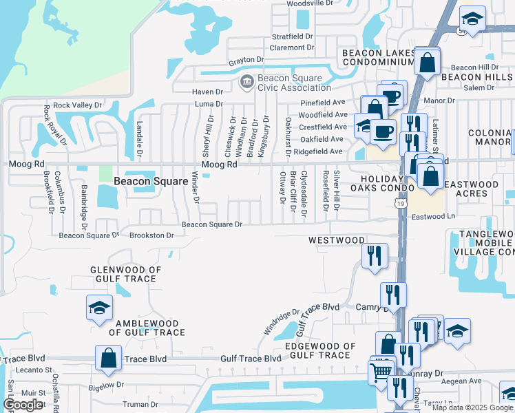 map of restaurants, bars, coffee shops, grocery stores, and more near 3328 Maitland Drive in Holiday