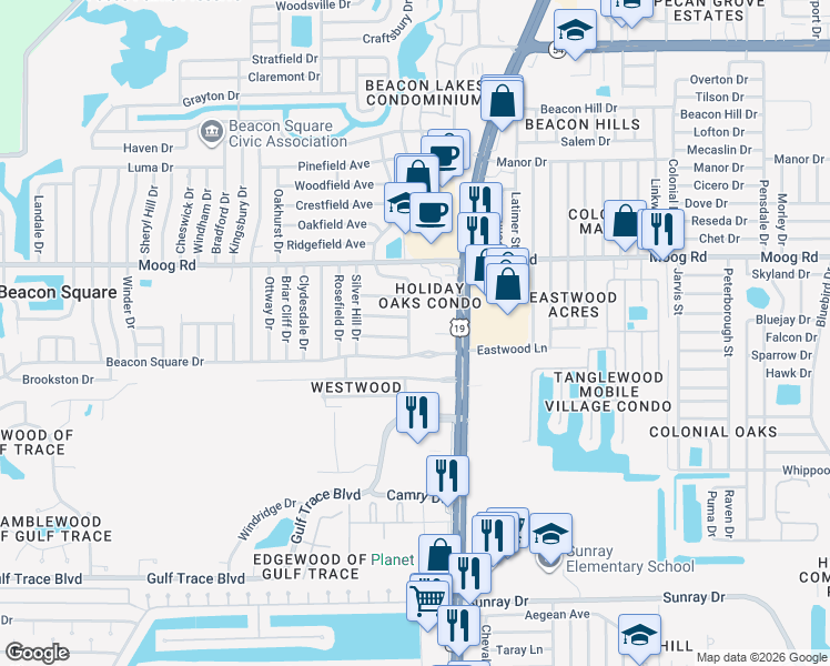 map of restaurants, bars, coffee shops, grocery stores, and more near 3316 Pinehurst Drive in Holiday
