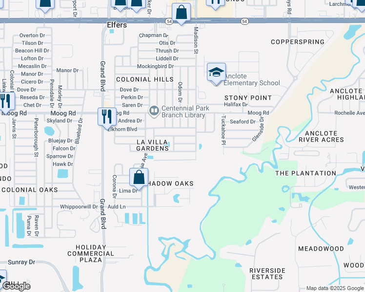 map of restaurants, bars, coffee shops, grocery stores, and more near 5931 Della Drive in Holiday