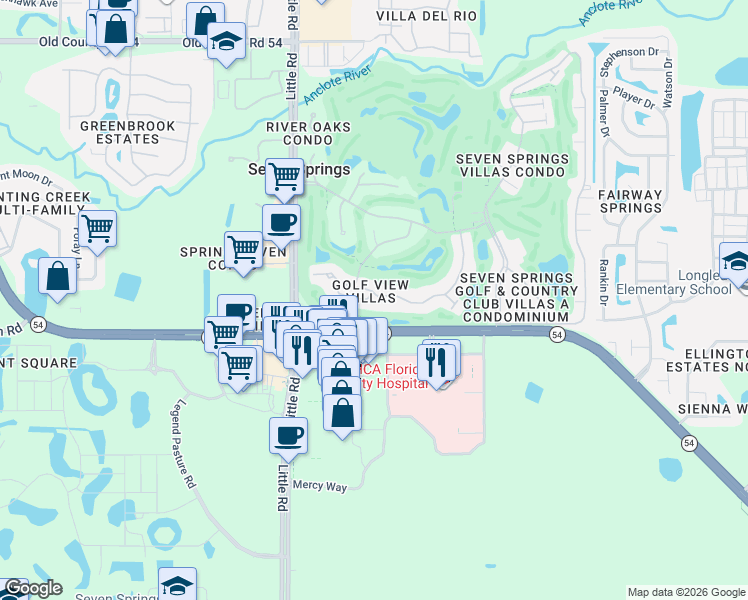 map of restaurants, bars, coffee shops, grocery stores, and more near 3254 Lori Lane in New Port Richey