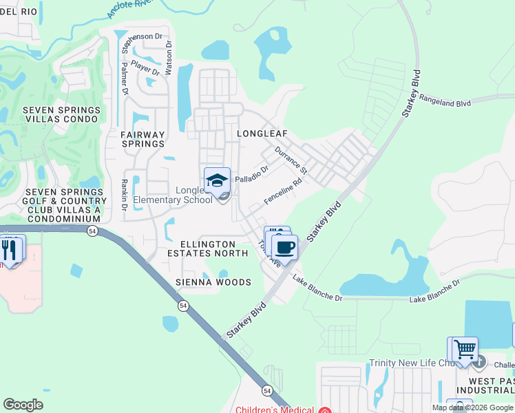 map of restaurants, bars, coffee shops, grocery stores, and more near 10313 Fenceline Road in New Port Richey