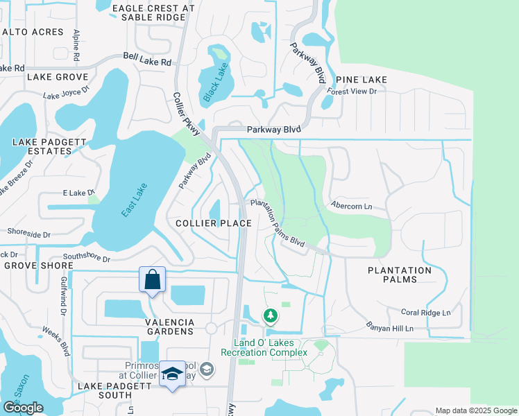 map of restaurants, bars, coffee shops, grocery stores, and more near 3435 Coconut Grove Road in Land O' Lakes