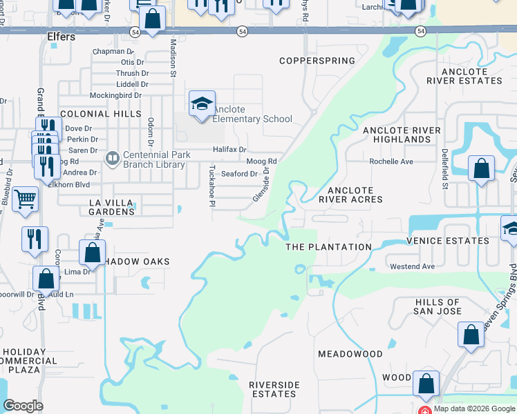 map of restaurants, bars, coffee shops, grocery stores, and more near 3330 Glenside Drive in Holiday