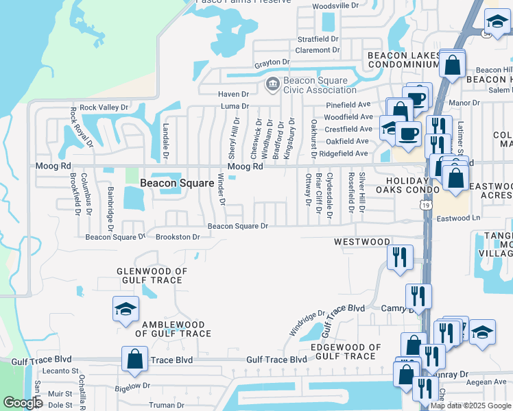 map of restaurants, bars, coffee shops, grocery stores, and more near 3328 Maitland Drive in Holiday