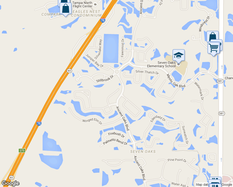 map of restaurants, bars, coffee shops, grocery stores, and more near 3454 Loggerhead Way in Wesley Chapel