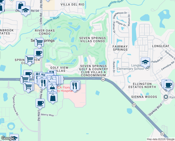 map of restaurants, bars, coffee shops, grocery stores, and more near 3315 Trophy Boulevard in New Port Richey
