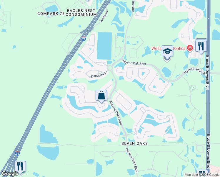 map of restaurants, bars, coffee shops, grocery stores, and more near 3454 Loggerhead Way in Wesley Chapel