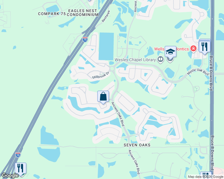 map of restaurants, bars, coffee shops, grocery stores, and more near 3454 Loggerhead Way in Wesley Chapel