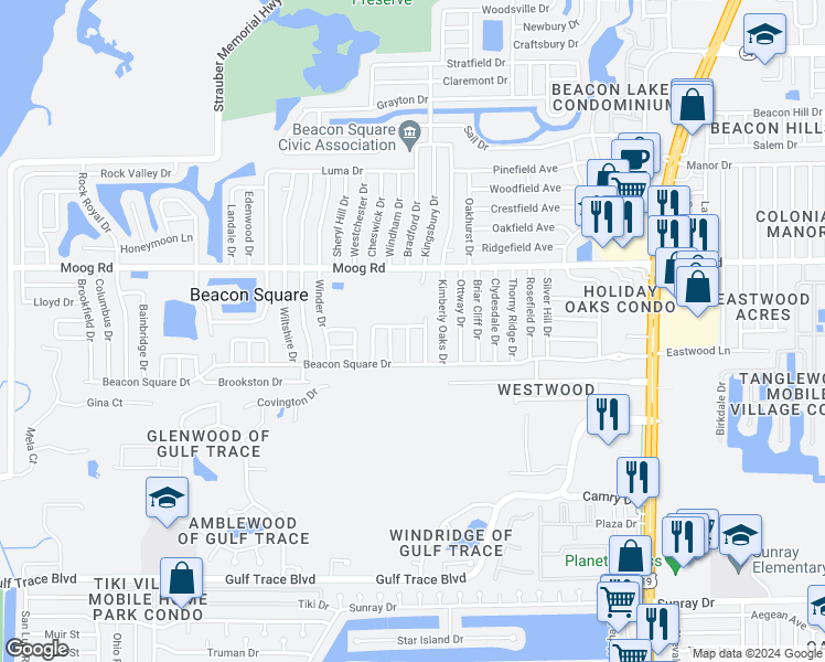 map of restaurants, bars, coffee shops, grocery stores, and more near 3328 Bayport Drive in Holiday